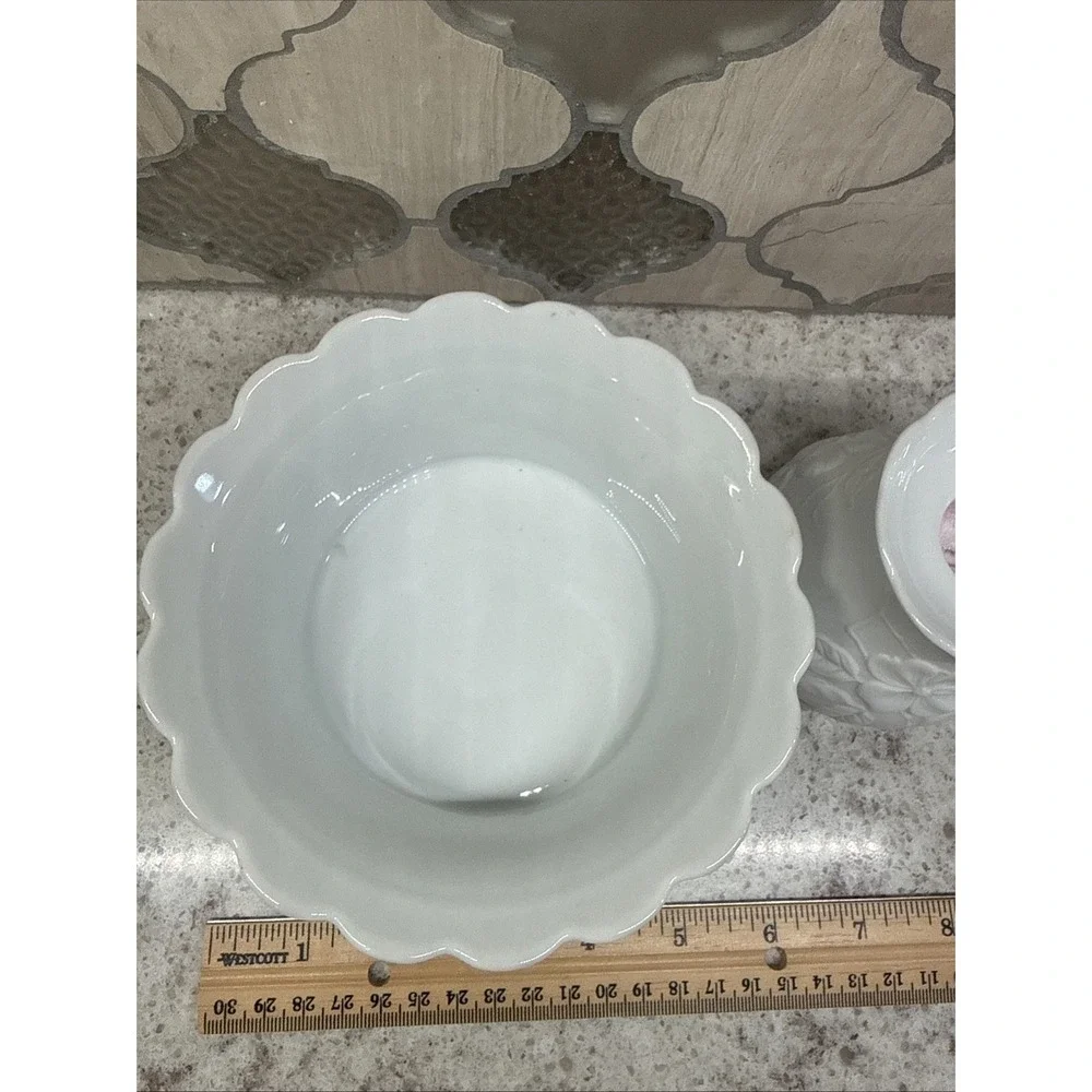 Vintage AK Kaiser Porcelain White‎ Bisque Floral Set 2 Candle Holders Plus Dish